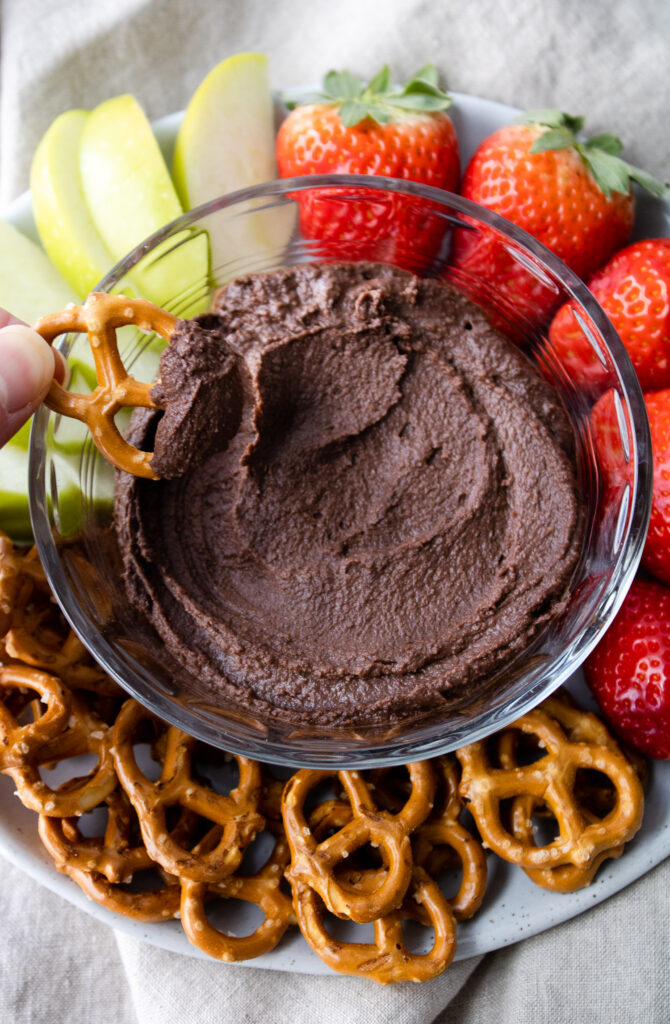 shows pretzel dipped in 'chocolate hummus'