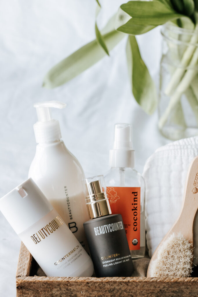 skincare products displayed in basket
