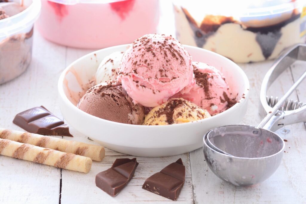 bowl of ice cream with multiple scoops