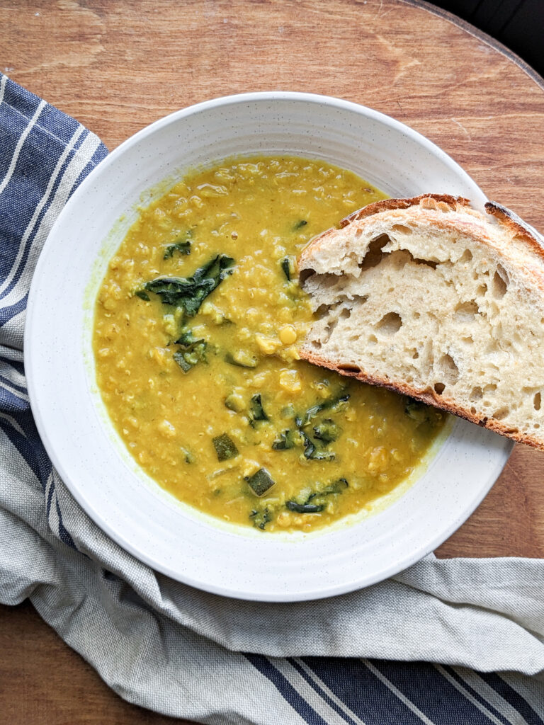 lentil curry with sourdough bread